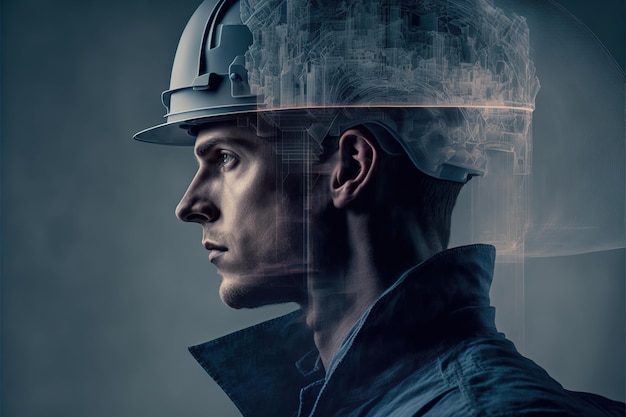 Ingénieur de portrait en génie civil portant un casque avec une merveilleuse double exposition