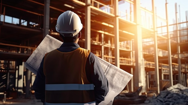 Ingénieur professionnel, architecte, travailleur avec casque de protection et plan