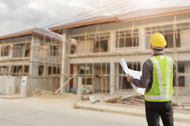 Ingénieur professionnel en casque de protection et papier de plans sur le chantier de construction de maisons