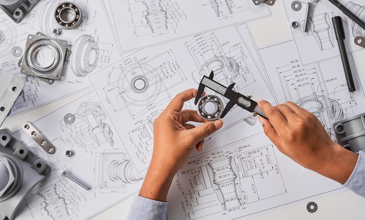 Photo ingénieur projet de travaux industriels outils de mesure d'étriers de roulements