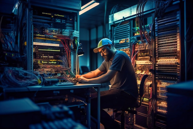 Un ingénieur réseau dédié entretient et dépanne méticuleusement l'équipement dans une salle de serveurs à la pointe de la technologie