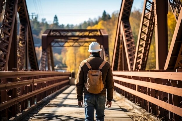 Un ingénieur à la retraite avec un sac à dos traverse le pont en fer qu'il construisait