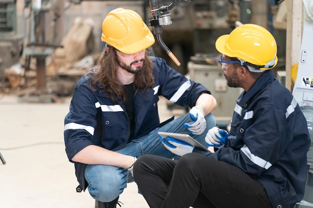 Ingénieur en robotique travaillant sur la maintenance d'un bras robotique moderne dans un entrepôt d'usine