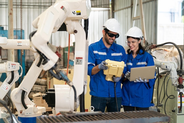 Ingénieur en robotique travaillant sur la maintenance d'un bras robotique moderne dans un entrepôt d'usine