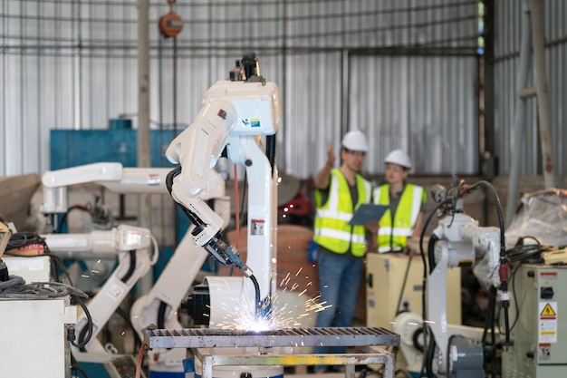 Ingénieur en robotique travaillant sur la maintenance d'un bras robotique moderne dans un entrepôt d'usine