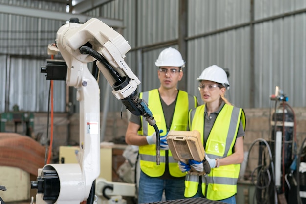 Ingénieur en robotique travaillant sur la maintenance d'un bras robotique moderne dans un entrepôt d'usine