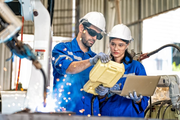 Ingénieur en robotique travaillant sur la maintenance d'un bras robotique moderne dans un entrepôt d'usine