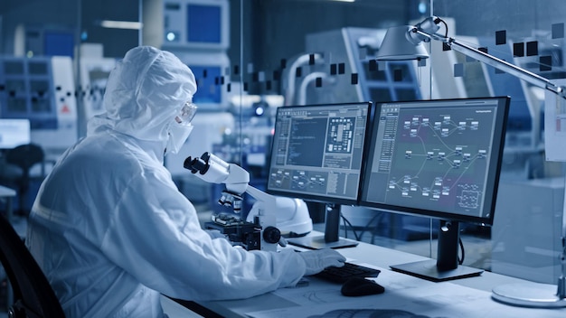 Ingénieur en salle blanche d'usine d'électronique scientifique en combinaison travaille sur l'écran d'ordinateur montre des infographies et des logiciels système de contrôle UI Développement d'électroniques pour l'électronique médicale