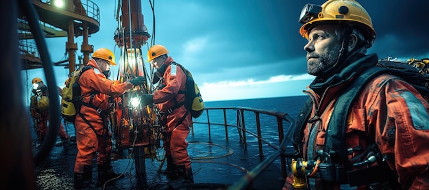 un ingénieur se tient sur une plate-forme de forage pétrolier au milieu de la vaste mer travaillant à l'extraction de ressources vitales générées par l'IA