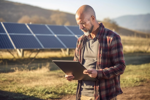 Ingénieur senior professionnel travaillant avec des éoliennes et sa tablette Concept d'énergie verte et renouvelable AI générative