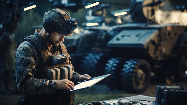 Photo un ingénieur soldat de la base militaire mobile transmet des images aériennes et des données du drone à l'artillerie.