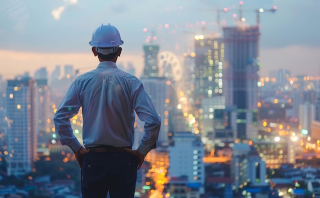 Ingénieur avec son dos supervisant les travaux de construction d'un bâtiment