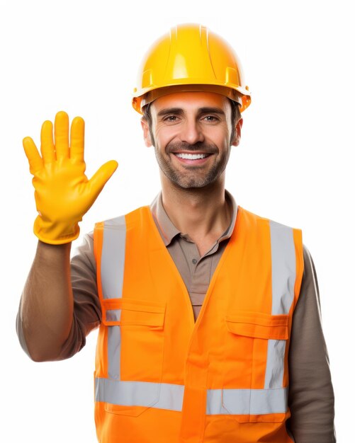 Ingénieur souriant agitant la main portant un casque de gilet de protection sur un fond blanc isolé