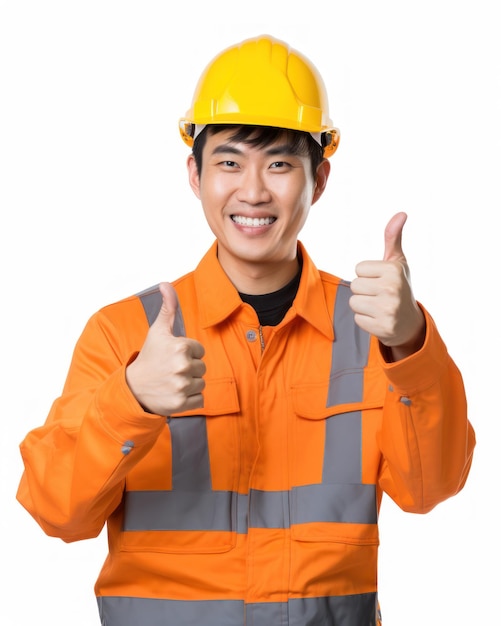 Ingénieur souriant donnant le pouce en l'air portant un casque de gilet de protection sur un fond blanc isolé