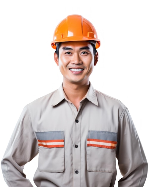 Un ingénieur souriant portant un casque de gilet de protection sur un fond blanc isolé