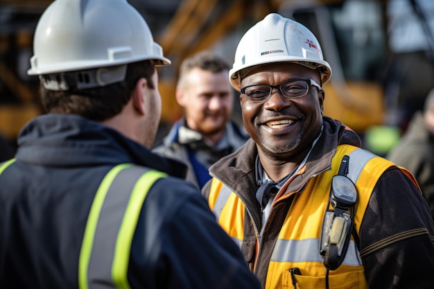 Ingénieur souriant tenant la main sur le chantier de construction avec un architecte heureux Poignée de main entre le directeur de la construction africain et l'homme d'affaires sur le chantier de construction