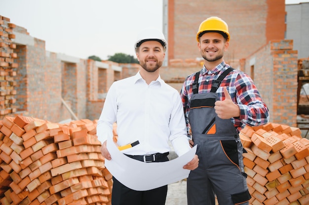 L'ingénieur en structure et le contremaître discutent du plan de travail pour le chantier de construction à l'extérieur