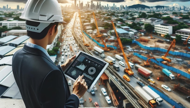 Un ingénieur surplombe une construction avec une tablette