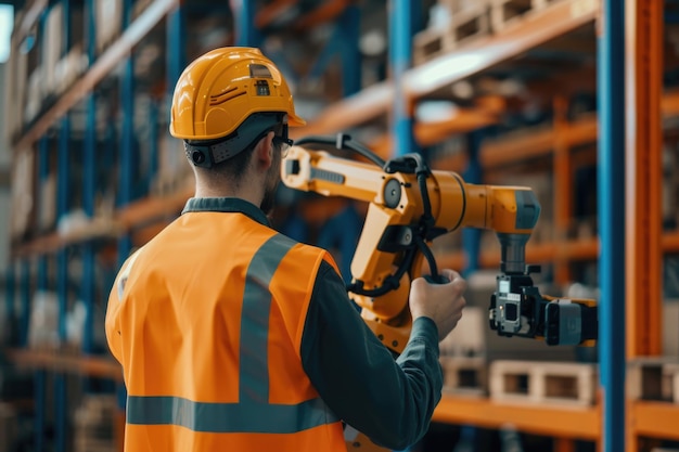 Ingénieur surveille les bras robotiques dans un entrepôt moderne avec un logiciel en temps réel