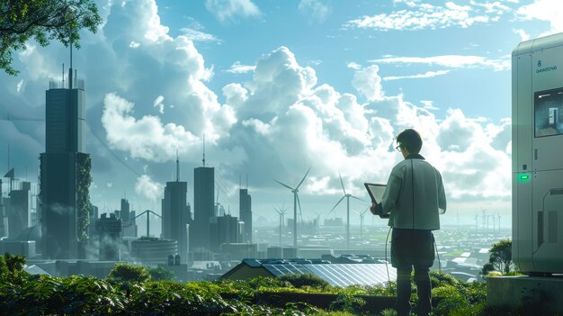 Photo ingénieur avec une tablette à la main à la recherche d'un inverseur de chaîne solaire avec des centrales éoliennes et solaires