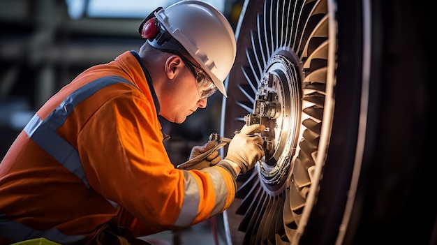 Ingénieur technicien aéronautique réparant une turbine