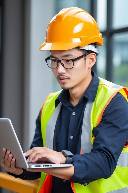 Ingénieur ou technicien asiatique portant un casque de sécurité et un gilet réfléchissant tenant un ordinateur portable