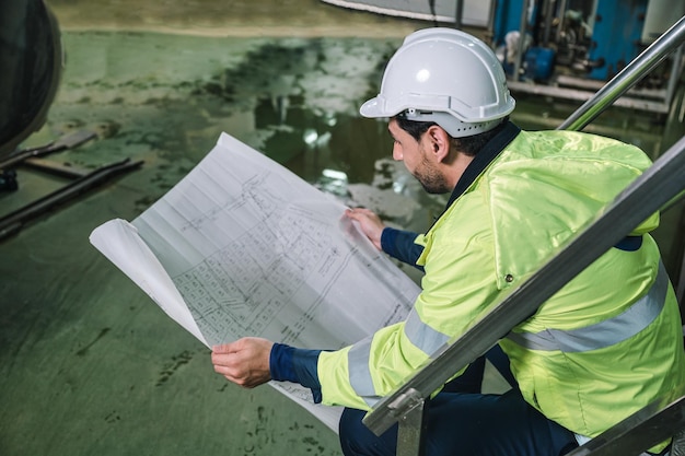 Ingénieur technicien caucasien homme en uniforme assis et tenant le plan du projet industriel avec chaudière et pipeline dans l'usine de transformation des boissons