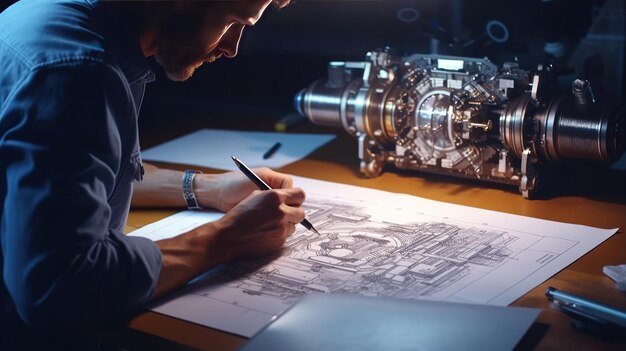 Photo ingénieur technicien de conception de dessins ingénierie des pièces mécaniques