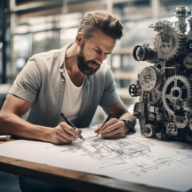 Photo ingénieur technicien concevant des dessins pièces mécaniques ingénierie moteur