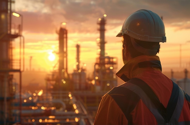 Ingénieur ou technicien à l'usine de raffinage de pétrole et de gaz au coucher ou au lever du soleil