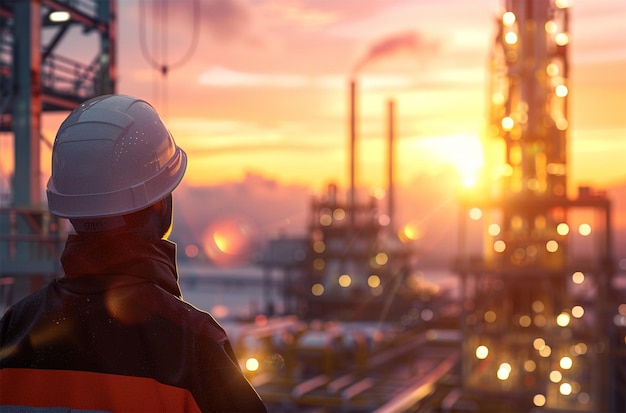 Ingénieur ou technicien à l'usine de raffinage de pétrole et de gaz au coucher ou au lever du soleil