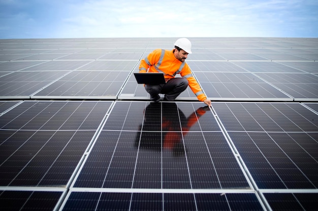 Ingénieur tenant une tablette numérique et travaillant dans une centrale électrique à panneaux solaires vérifiant les cellules photovoltaïques