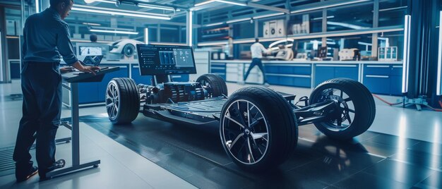 Photo ingénieur testant un prototype de châssis de voiture électrique dans un laboratoire de développement de haute technologie sur ordinateur avec un logiciel de cao 3d