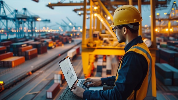 un ingénieur travaillant au port avec un ordinateur portable et une tablette au coucher du soleil