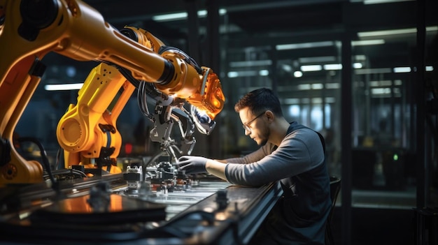 Ingénieur travaillant sur un bras robotique de haute technologie dans une usine de fabrication de pointe