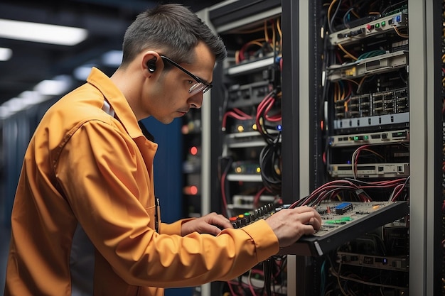 Ingénieur travaillant avec l'équipement de serveur et le central électrique