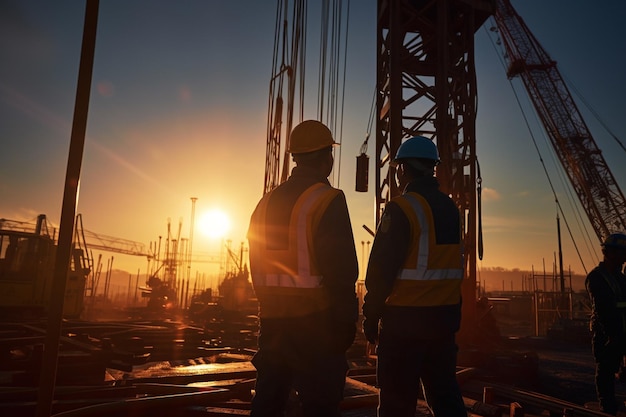 Ingénieur travaillant avec une grue de construction sur un grand bâtiment le soir