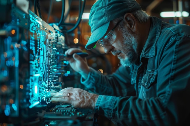 Ingénieur travaillant sur un modèle 3D de projection holographique dans un moteur d'IA générative