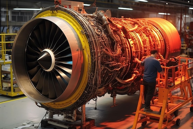 Un ingénieur travaillant sur un moteur à turbine pour des compagnies aériennes commerciales