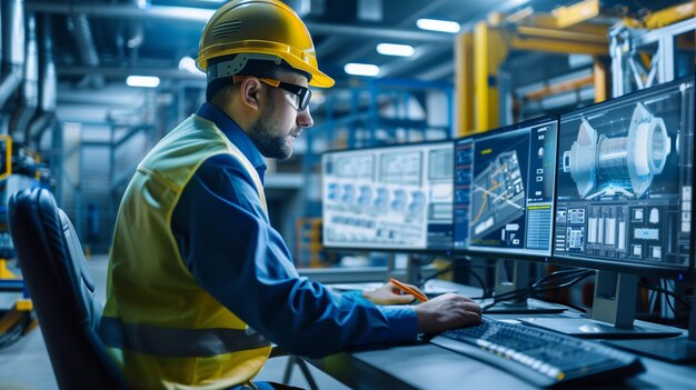 Photo ingénieur travaillant à un ordinateur dans une usine