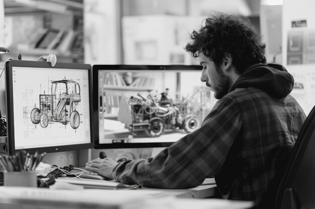 Photo ingénieur travaillant sur un ordinateur avec deux écrans dessinant et concevant dans un programme cad