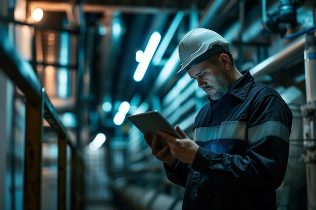 Photo ingénieur travaillant sur un panneau de commande dans une usine travailleur d'usine utilisant une tablette numérique pour le panneaux de commande