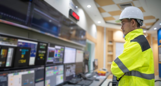 Ingénieur travaillant à la salle de contrôleSystème de contrôle du gestionnaireProgramme de surveillance de l'homme technicien à partir d'un grand nombre de moniteurs