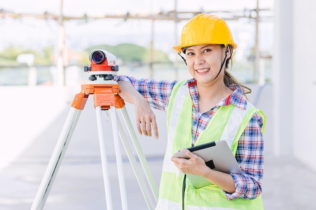 Ingénieur travailleur femme avec équipement d'enquête de tablette numérique caméra de nivellement automatique sourire heureux