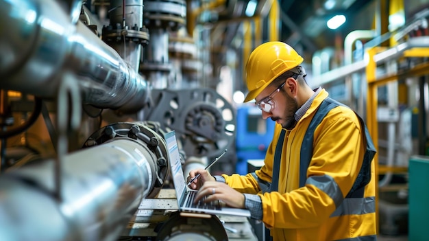 Un ingénieur travailleur utilise un ordinateur portable pour vérifier la machine dans une usine de traitement du gaz naturel