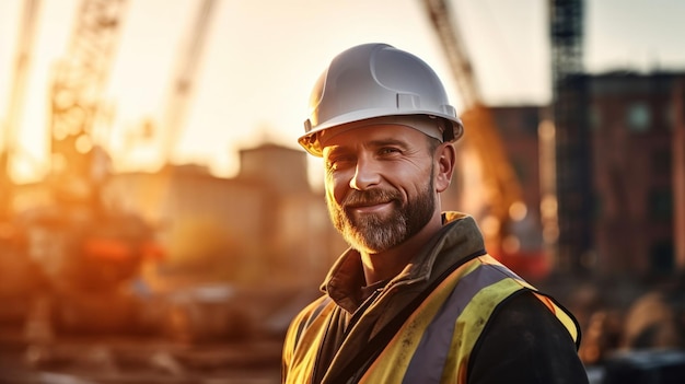 Ingénieur en uniforme de construction sur le fond d'un chantier de construction