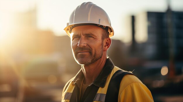 Ingénieur en uniforme de construction sur le fond d'un chantier de construction