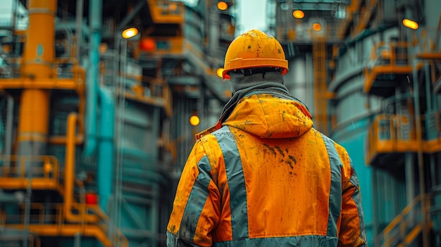 Ingénieur en uniforme orange et casque de sécurité sur le fond d'une raffinerie