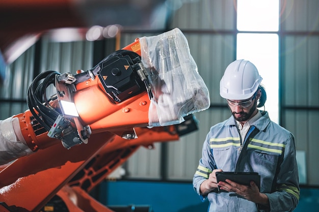 Ingénieur d'usine inspectant une machine avec une tablette intelligente Un ouvrier travaille sur un bras de robot de machine lourde La machine à souder avec un système à distance dans une usine industrielle Concept d'intelligence artificielle