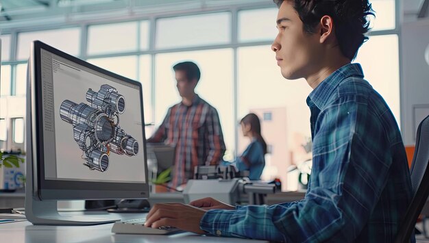 Ingénieur utilisant un logiciel de CAO 3D au bureau collaborant à des conceptions avec des collègues